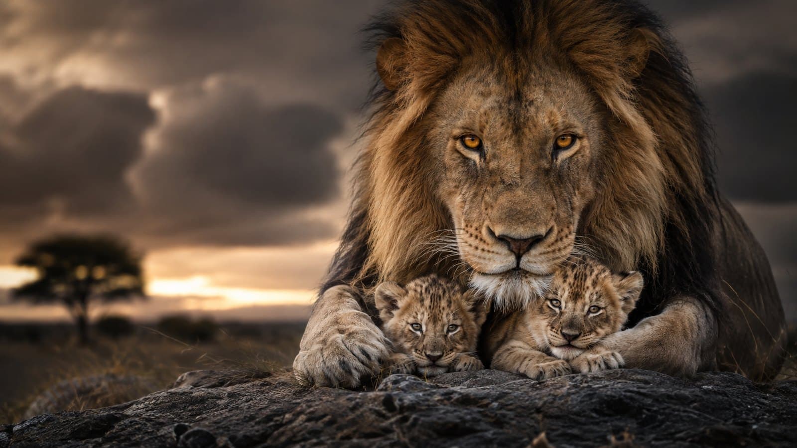 A lion shields two cubs beneath its watch