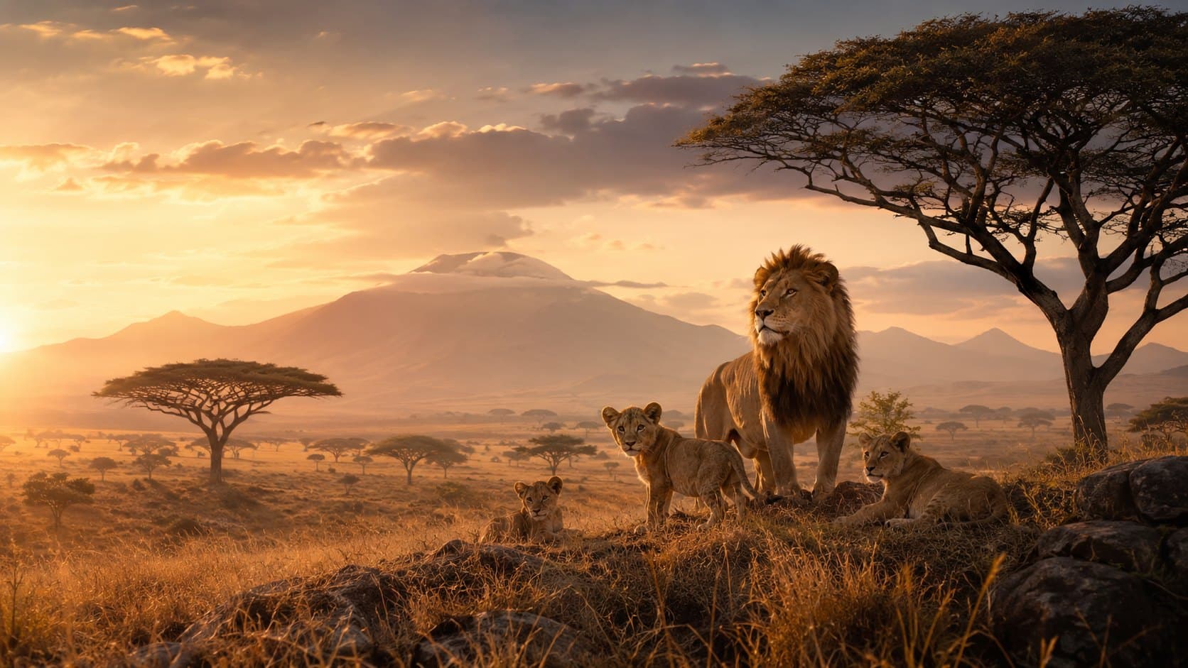 A pride of lions surveys open grassland